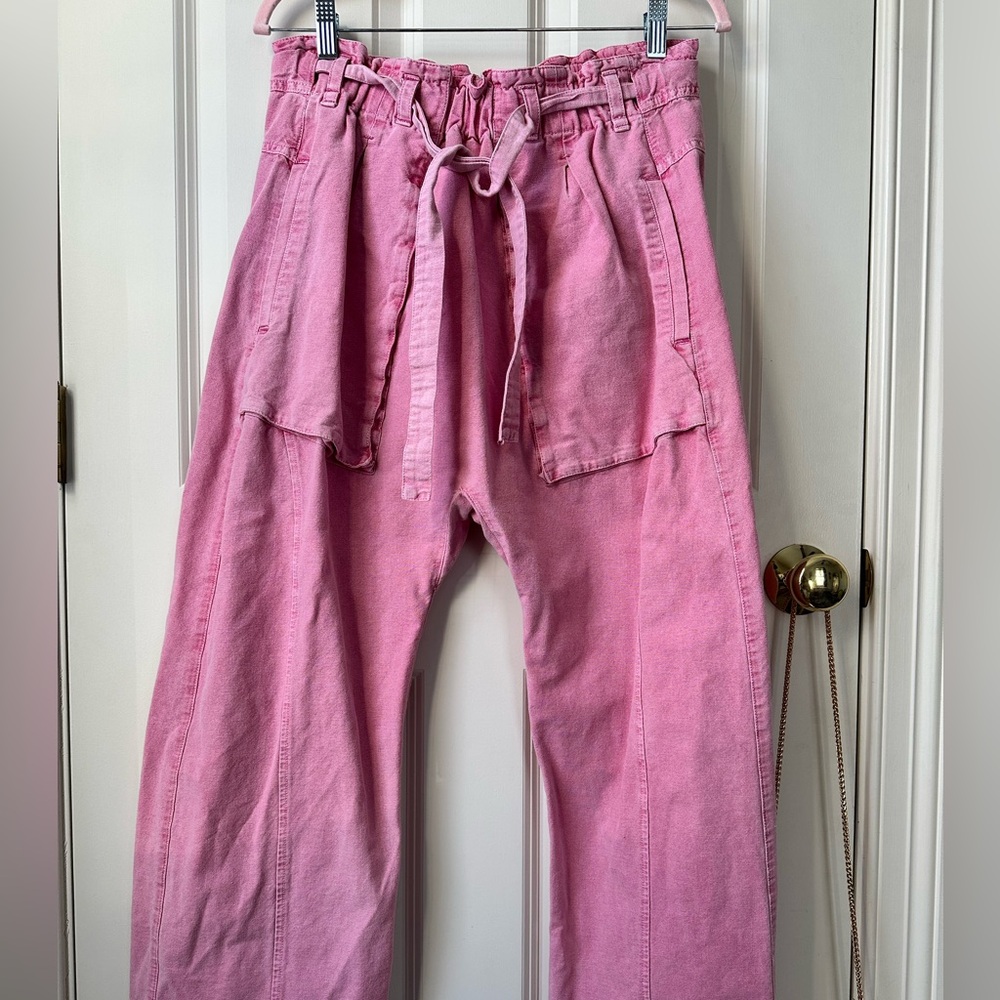 Pink Drawstring High-Waist Utility Pants
